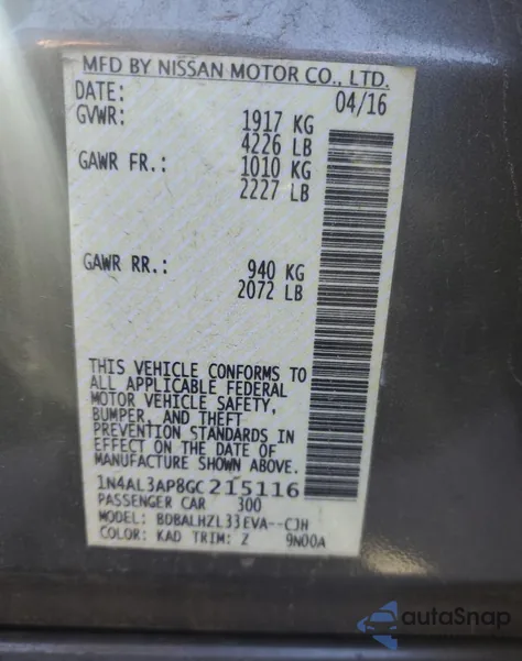 2016 Nissan Altima 2.5 z USA, uszkodzony, nr VIN 1N4AL3AP8GC215116